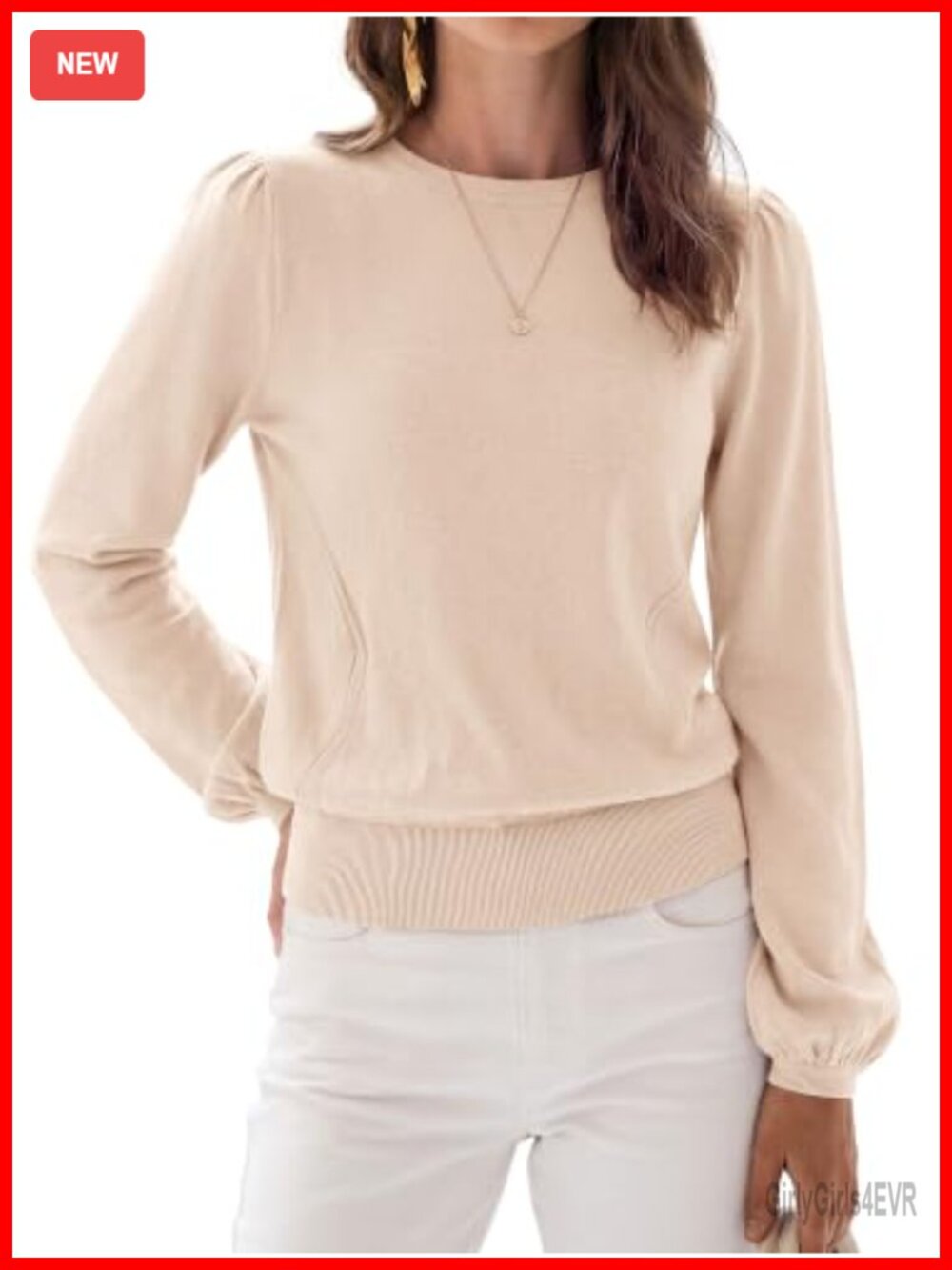 Puff Sleeve Sweater Women Crewneck Ribbed Knit Pullover Fall Work Top
